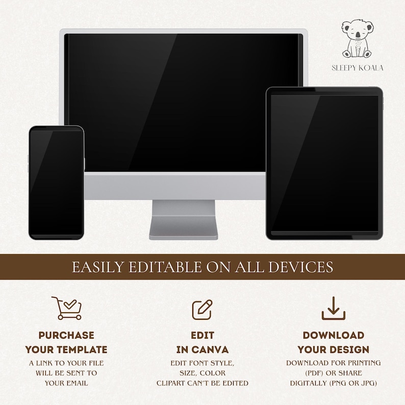 May include: A digital design template displayed on a smartphone, computer monitor, and tablet. The text "EASILY EDITABLE ON ALL DEVICES" is above three icons with instructions to purchase, edit in Canva, and download the design.