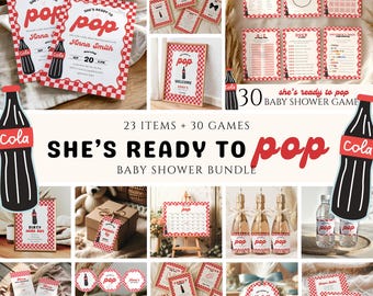 May include: A baby shower bundle with a red and white checkered theme. Includes invitations, games, cupcake toppers, and other party supplies. The phrase "She's Ready to Pop" is featured prominently, along with cola bottle graphics.
