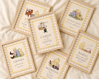Winnie-the-Pooh Babypartyschild-Bundle, 9x Schild, Momosa Barschild, Buch-Themen-Dusche, kleiner Honig (Sofort-Download, Canva-Vorlage)