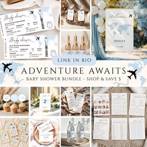 May include: A baby shower bundle with a travel theme. Includes invitations, games, decorations, and favors. The color scheme is blue and white, with airplane and world map motifs. The text "Adventure Awaits" is prominently displayed.