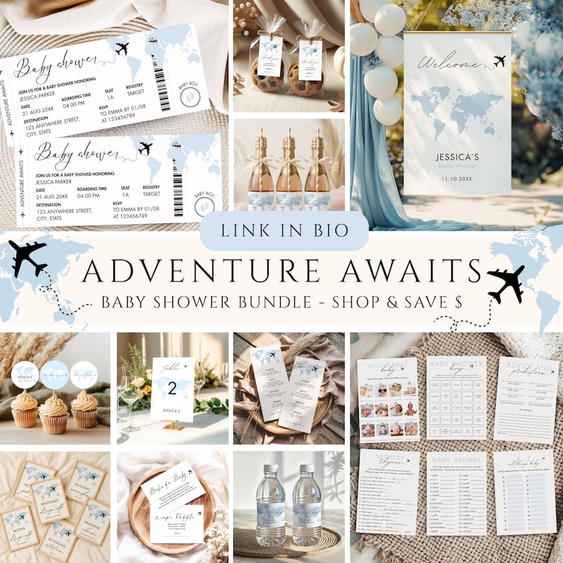 May include: A baby shower bundle with a travel theme. Includes invitations, games, decorations, and favors. The color scheme is blue and white, with airplane and world map motifs. The text "Adventure Awaits" is prominently displayed.