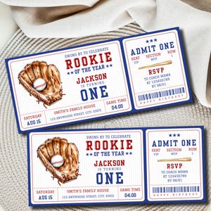 Invitación de primer cumpleaños para Novato del Año en Béisbol, boleto de juego único, para cualquier edad, editable, imprimible, plantilla de invitación de Canva, tarjeta de novato