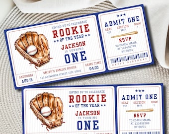 May include: Two baseball-themed birthday party invitations. Each ticket-style invitation features a baseball glove with a ball, the text "Rookie of the Year," and details for the party, including the name "Jackson" and the age "One."