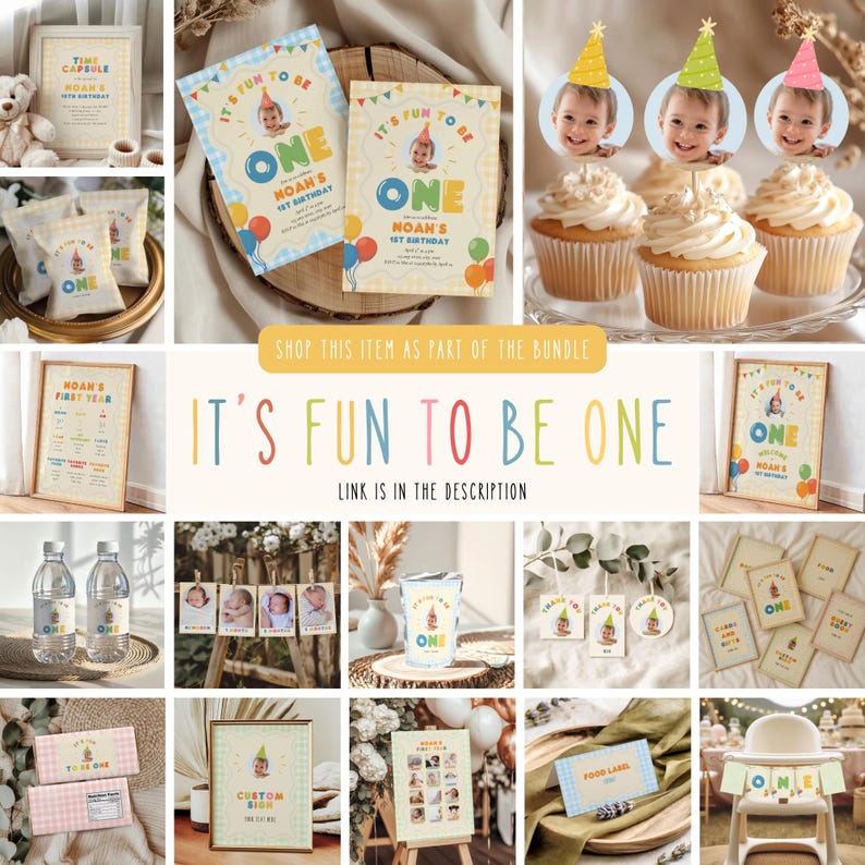 Its Fun to Be One 1st Birthday Invite, Printable Kid's Face Photo Invitation, Gingham, Colorful 1st Bday (Instant Download, Canva Template) image 3