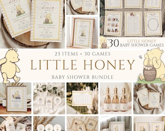Paquete de baby shower de Winnie the Pooh, Little Honey, Baby Shower clásico de Pooh (descarga instantánea, plantilla de Canva)