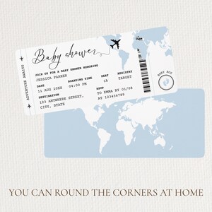 May include: A baby shower invitation designed as a boarding pass, featuring a light blue world map background. The invitation includes details like the date, time, and RSVP information. The text "Baby shower" is written in elegant script.