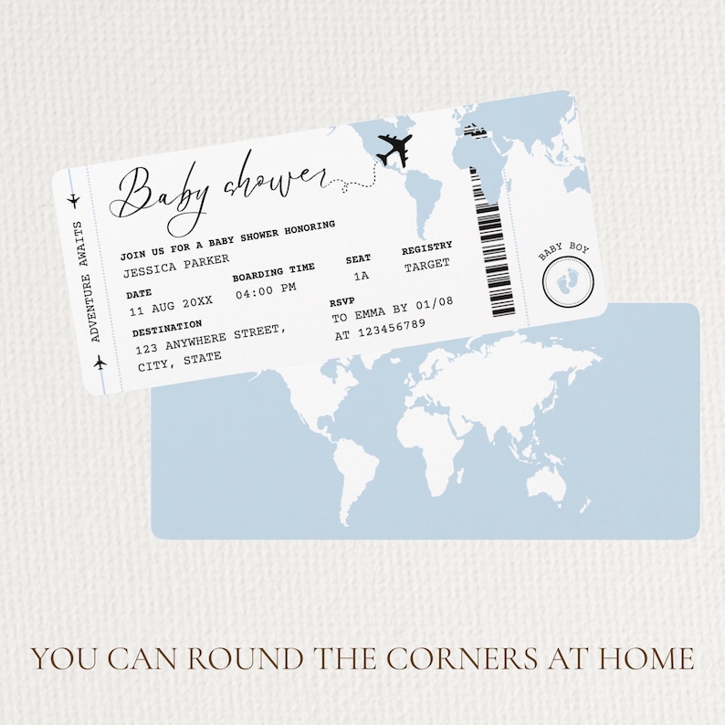May include: A baby shower invitation designed as a boarding pass, featuring a light blue world map background. The invitation includes details like the date, time, and RSVP information. The text "Baby shower" is written in elegant script.