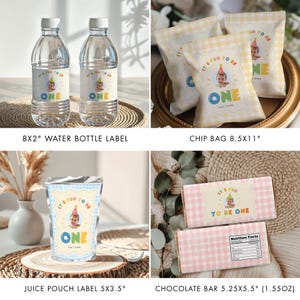 May include: A collection of party favors for a first birthday celebration. The image includes water bottles, chip bags, juice pouch labels, and chocolate bars. Each item features a baby graphic and the text "It's Fun To Be One."