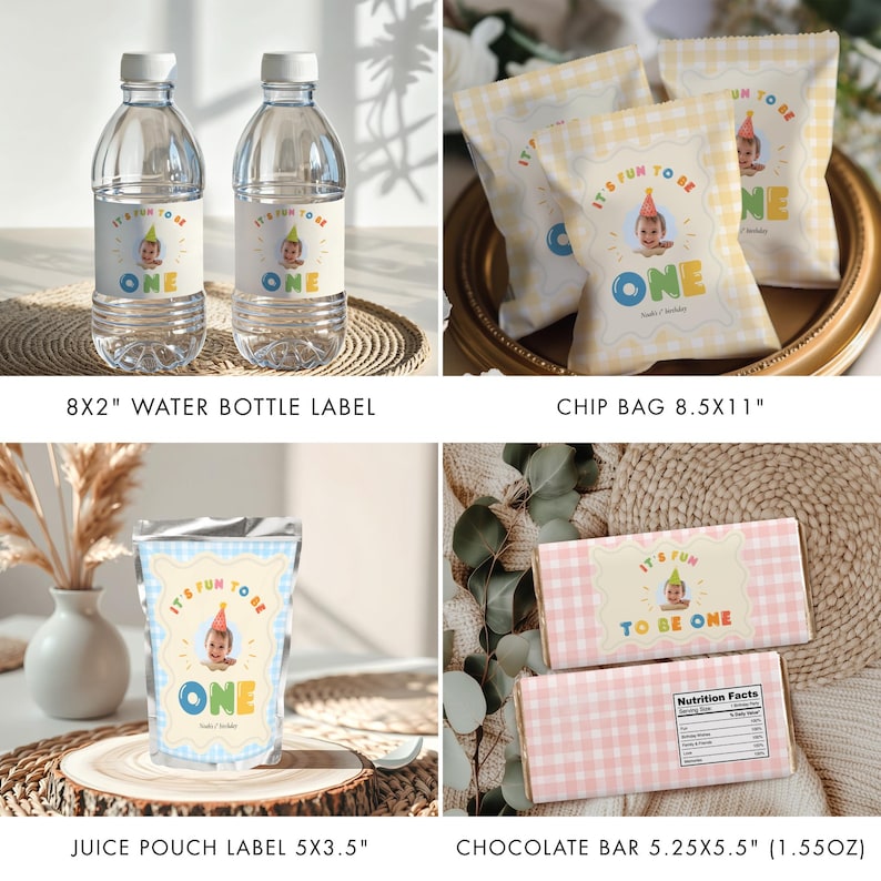 May include: A collection of party favors for a first birthday celebration. The image includes water bottles, chip bags, juice pouch labels, and chocolate bars. Each item features a baby graphic and the text "It's Fun To Be One."