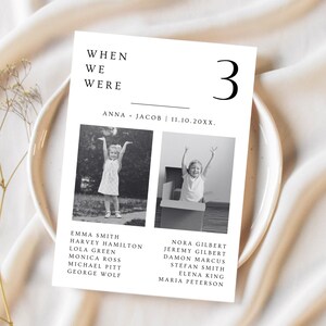 Puede incluir: Una tarjeta de invitaci&oacute;n en blanco y negro con el texto "WHEN WE WERE" y el n&uacute;mero "3". Presenta dos fotos de ni&ntilde;os con los brazos levantados. Los nombres de los ni&ntilde;os est&aacute;n listados debajo de las fotos.