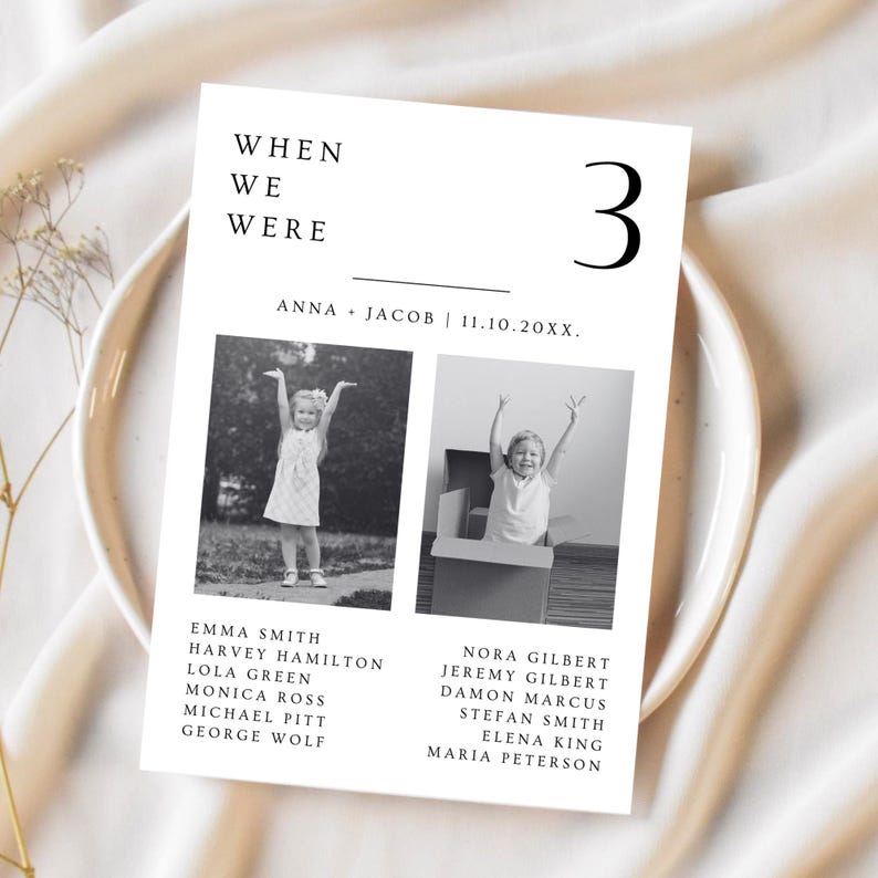 Puede incluir: Una tarjeta de invitaci&oacute;n en blanco y negro con el texto "WHEN WE WERE" y el n&uacute;mero "3". Presenta dos fotos de ni&ntilde;os con los brazos levantados. Los nombres de los ni&ntilde;os est&aacute;n listados debajo de las fotos.