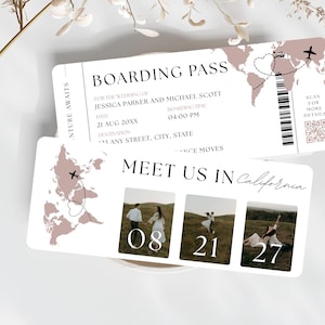 May include: Two white boarding pass wedding invitations with a world map design in a soft pink hue. The text reads "BOARDING PASS" and "MEET US IN California". The dates 08/21/27 are displayed with photos.