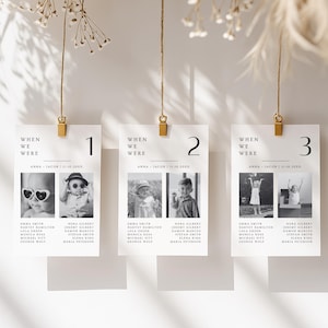 Puede incluir: Tres tarjetas blancas con texto negro y fotos en blanco y negro suspendidas por clips dorados. Las tarjetas dicen "WHEN WE WERE" con los n&uacute;meros 1, 2 y 3. Cada tarjeta tiene dos fotos y nombres.