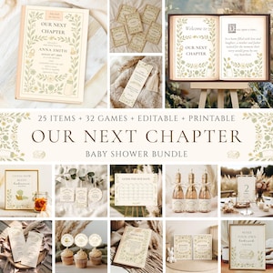 Puede incluir: Un conjunto de papeler&iacute;a para baby shower con un dise&ntilde;o floral. Los art&iacute;culos incluyen invitaciones, juegos y letreros. El texto "Our Next Chapter" se destaca. La paleta de colores es suave, con tonos crema, verdes y dorados.