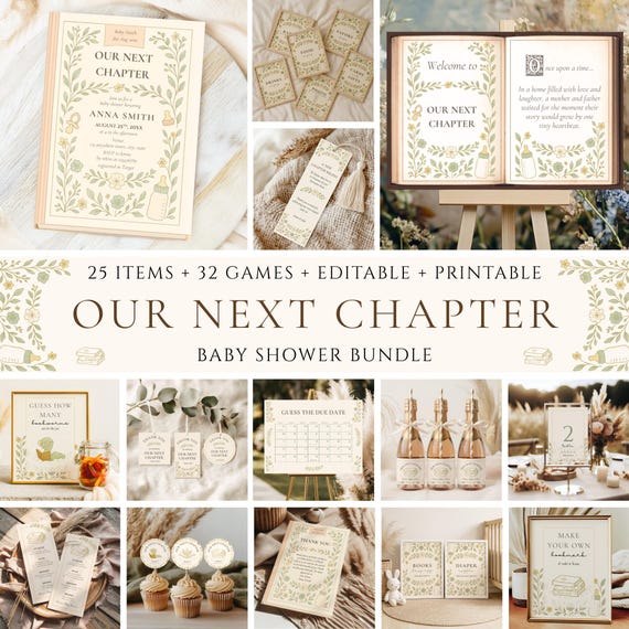 Our Next Chapter Baby Shower Bundle, A New Chapter Begins, Book Theme, Storybook  (Canva Template, Instant Download)