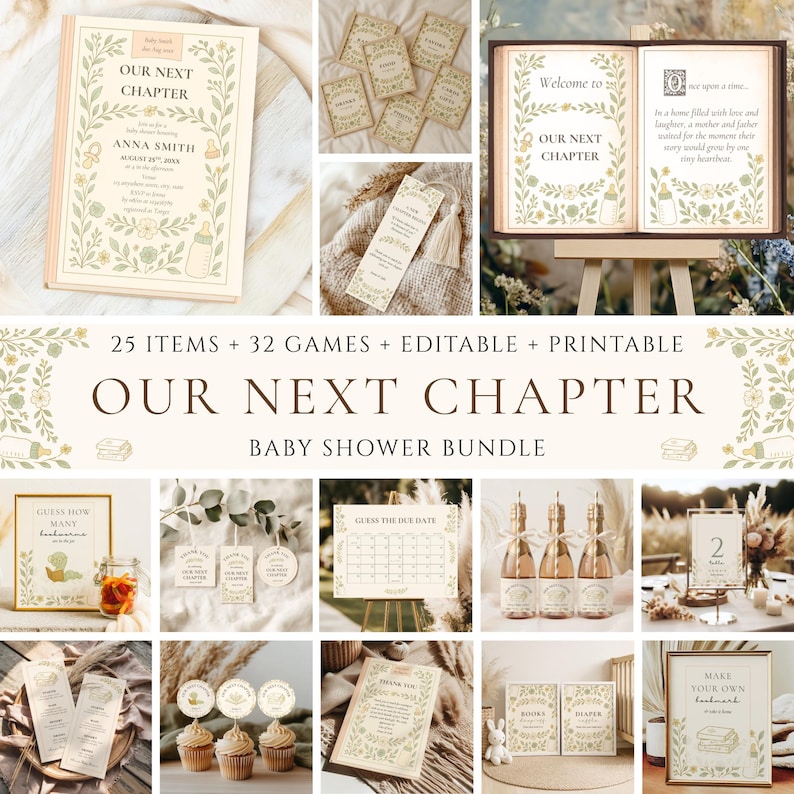 Puede incluir: Un conjunto de papeler&iacute;a para baby shower con un dise&ntilde;o floral. Los art&iacute;culos incluyen invitaciones, juegos y letreros. El texto "Our Next Chapter" se destaca. La paleta de colores es suave, con tonos crema, verdes y dorados.