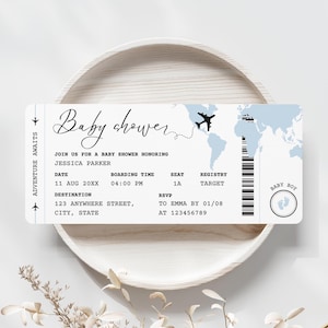 May include: A baby shower invitation designed as a boarding pass. The invitation features the text "Baby Shower" in elegant script, along with event details, a world map, and a baby boy icon. The color scheme is primarily white and light blue.