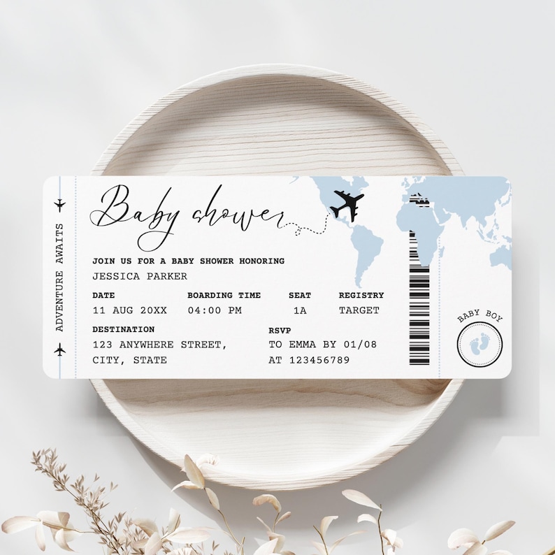 May include: A baby shower invitation designed as a boarding pass. The invitation features the text "Baby Shower" in elegant script, along with event details, a world map, and a baby boy icon. The color scheme is primarily white and light blue.