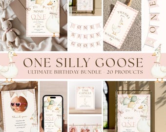 Silly Goose 1st Birthday Bundle: Pink Gingham Party Decor (Digital Download, Editable Canva Template