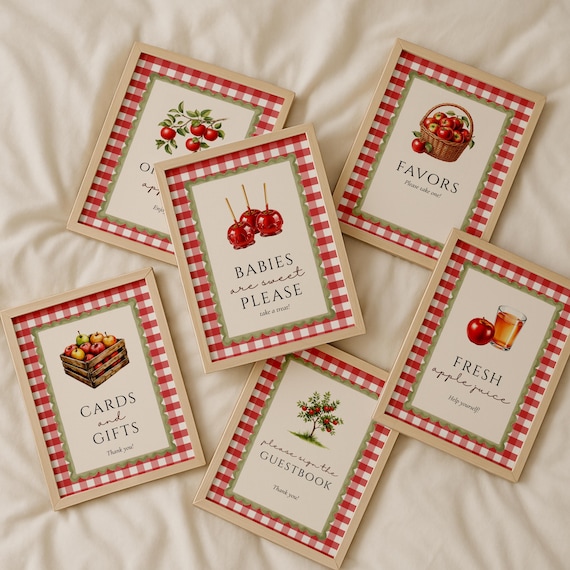 The Apple Of Our Eye Baby Shower: Red Gingham Sign Bundle, Canva Template (Instant Download)