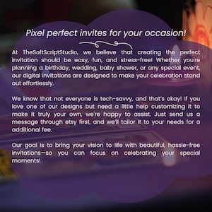 May include: Purple-toned image with text: "Pixel perfect invites for your occasion!" The text describes digital invitations for birthdays, weddings, and other events. TheSoftScriptStudio offers customization. Tarot cards and candles are in the background.