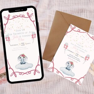 Trombetas de Alegria Convite de Aniversário de Bebê Elefante Rosa Digital e Imprimível Convite de Aniversário de Menina Tema Bonito de Festa de Safári Modelo Editável
