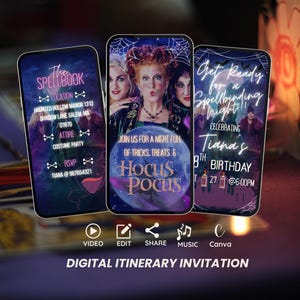 Könnte beinhalten: Digitale Reiseplan-Einladung auf drei Smartphones. Die Bildschirme zeigen Details zu Halloween-Veranstaltungen, darunter eine Kostümparty und eine Geburtstagsfeier. Das zentrale Telefon zeigt den Text "Hocus Pocus."