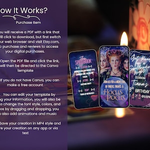 May include: Three smartphones displaying digital invitations with a Halloween theme. The invitations feature the text "The Spellbook", "Hocus Pocus", and "Get Ready for a Spellbinding Night!" with witch-themed graphics. The background is a dark purple.