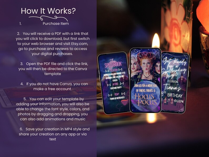 May include: Three smartphones displaying digital invitations with a Halloween theme. The invitations feature the text "The Spellbook", "Hocus Pocus", and "Get Ready for a Spellbinding Night!" with witch-themed graphics. The background is a dark purple.