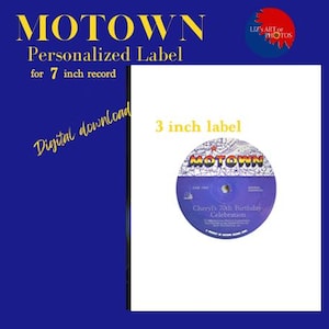May include: A circular 3 inch Motown personalized label for a 7 inch record. The label is purple with white text reading Motown, Side Two, and Cheryl's 70th Birthday Celebration. The design includes a white grid pattern and a small red star.