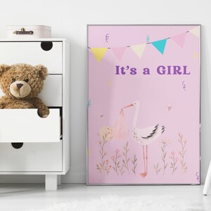 Baby Girl Congrats Bundle | Newborn Baby Print | Stork Bringing Baby | Baby Poster | It's a Girl Card | Nursery Prints | Gender Reveal Card