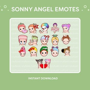 May include: A set of 18 digital cartoon emotes featuring a baby angel wearing different hats and expressions. The emotes are designed in a cute and colorful style. The text "SONNY ANGEL EMOTES" and "INSTANT DOWNLOAD" are also included in the image.