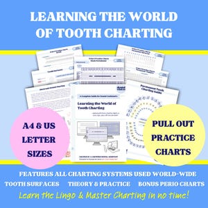 May include: A collection of dental charting guides and practice charts. The title reads "Learning the World of Tooth Charting." Features include A4 & US letter sizes and pull-out practice charts. The guide covers all charting systems, tooth surfaces, theory, and practice.