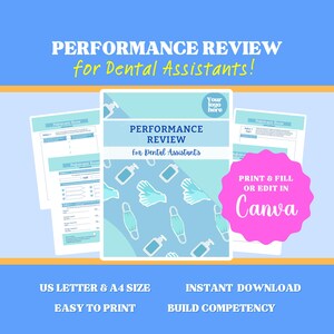 Plantilla de evaluación del desempeño del asistente dental: Gestión clínica (Canva PDF)