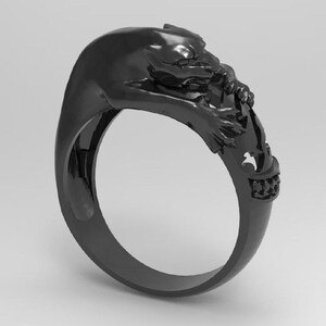 Black Panther Mens Hip Hop Jaguar Ring Art Deco Big Cat Panther Statement Ring Growling Black Panther Biker Ring 925 Sterling Silver Ring.
