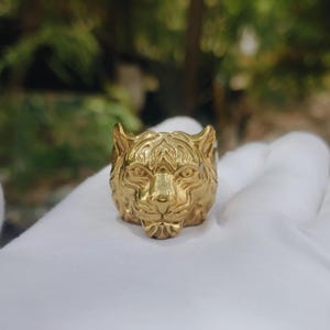 Tiger Head Signet Ring, Tiger Cat Men's Ring Fierce Wild Animal Statement Ring - Gold Panther, Tiger, Lion Leopard Jewelry for Men and Women