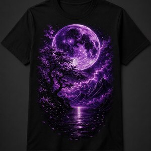 Puede incluir: Una camiseta negra de manga corta con un estampado gráfico en color morado que muestra una gran luna llena sobre un lago tranquilo, la silueta de un árbol y picos montañosos. El diseño incluye nubes moradas y reflejos en el agua.