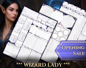 Wizard Lady Character Sheet DnD 5e: 5-Page Printable PDF