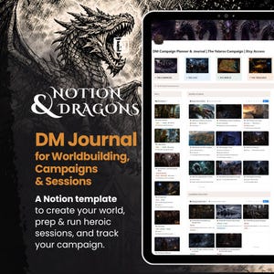 Pode incluir: Um modelo digital Notion para um planejador e diário de campanha DM com uma grande ilustração de dragão. A interface exibe seções para worldbuilding, rastreamento de campanha e gerenciamento de sessão com o texto Notion & Dragons.