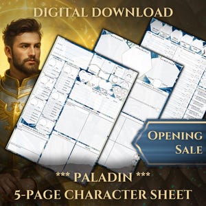 Paladin DnD 5e Character Sheet | 5-Page Printable PDF for Epic Dungeons & Dragons Adventures | Designed for 5th Edition Male Heroes