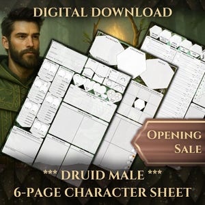 Druid DnD 5e Character Sheet | 6-Page Printable PDF Journal for Epic Dungeons & Dragons Adventures | Designed for 5th Edition Male Heroes