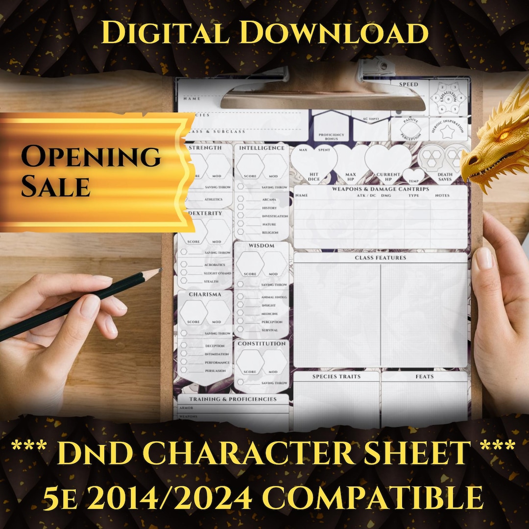 Dnd Character Sheet (5e 2014/2024) | Digital 6-page Printable PDF ...