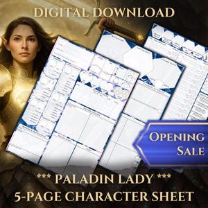 Paladin Lady DnD 5e Character Sheet | 5-Page Printable PDF Journal for Your Epic Dungeons & Dragons Adventure | Designed for Women and Girls