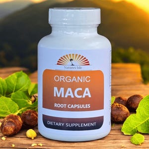 May include: A white bottle of "Natures Isle" Organic Maca Root Capsules. The label features a brown and orange design with the words "Organic Maca Root Capsules" and "Dietary Supplement". The image includes maca root and green leaves.