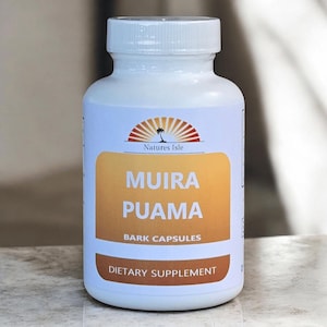 May include: A white plastic bottle with a white lid. The label features the text "MUIRA PUAMA BARK CAPSULES" in large letters over a gradient orange background. The label also includes the text "DIETARY SUPPLEMENT" and a logo with a palm tree.