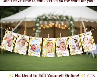 May include: A custom 12-month photo banner with baby photos, suspended by pegs. Each photo is framed with sunflowers and includes the baby's name and month. The banner is set against a blurred outdoor background.