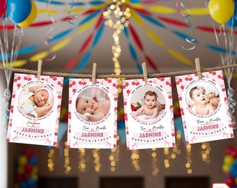 May include: Four baby milestone cards featuring photos of a baby named Jasmine, suspended from a rope. Each card has a cherry pattern and the text "Our Sweet Little Cherry" and "Happy Birthday". Balloons and streamers decorate the background.