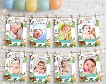Pode incluir: Um banner fotográfico personalizado de 12 meses com fotos de bebé e o texto "Happy Birthday Jasmines". O banner é decorado com ilustrações de animais e árvores. É pendurado com molas e barbante, com balões por cima.