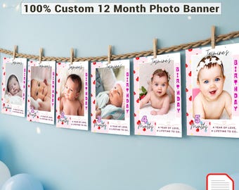 Pode incluir: Um banner fotográfico personalizado de 12 meses com fotos de bebês, cada uma com o nome "Jasmine" e a palavra "Aniversário". O banner é pendurado com clipes de madeira e inclui o texto "Um ano de amor, uma vida inteira."