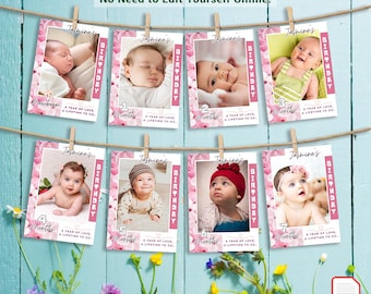 May include: A custom 12-month photo banner featuring baby photos, each framed in pink with the name "Jasmine's" and the word "BIRTHDAY". The banner is strung on a twine line with wooden pegs against a light blue backdrop.